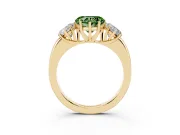 Fancy Green Heart Cut Diamond Three-Stone Ring Set in Yellow gold with Bold Center and Classic Band
