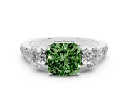 Fancy Green Cushion Cut Diamond Three-Stone Ring Set in Silver with Round Side Stones and Delicate Pavé Band