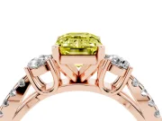 Fancy Yellow Emerald Cut Diamond Three-Stone Ring Set in Rose gold with Pavé Split Shank and Prong Setting