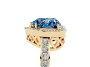 Fancy Blue Heart Cut Diamond Halo Ring Set in Yellow gold with Pavé-Setting Band and Open Prong Center