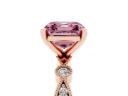 Fancy Pink Asscher Cut Diamond Solitaire Engagement Ring Set in Rose gold with Milgrain Bezel Accent Band