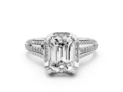 Emerald Cut Diamond Pavé Split Shank Solitaire Ring Set in Silver with Prong Setting