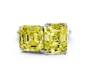 Fancy Yellow Asscher Cut and Emerald Cut Toi Moi Ring Set in Platinum with Prong Setting