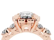 Emerald Cut Floral Engagement Ring Setting | Petal Frame and Side Stones | Rose Gold