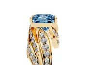 Fancy Blue Princess Cut Diamond Solitaire Ring Set in Yellow gold with Layered Twist Pavé Band