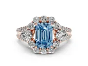 Fancy Blue Emerald Cut Diamond Halo Split Shank Engagement Ring Set in Rose gold with Prong-Held Center Stone