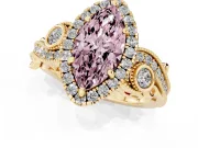 Fancy Pink Marquise Cut Diamond Halo Ring Set in Yellow gold with Milgrain Pavé Band and Prong Setting