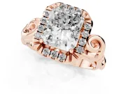Radiant Cut Diamond Halo Ring Set in Rose gold with Scrollwork Band and Prong Setting