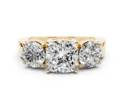 Cushion Cut Three Stone Engagement Ring Setting | Wide Plain Band | Yellow Gold