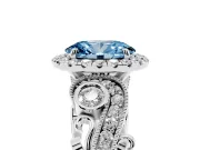 Fancy Blue Oval Cut Diamond Halo Ring Set in Platinum with Milgrain Pavé Band and Prong Setting