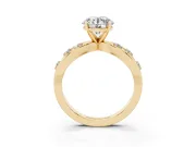 Round Cut Diamond Solitaire Ring Set in Yellow gold with Side Stones on Criss-Cross Band and Prong Setting