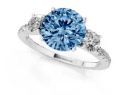 Fancy Blue Round Cut Diamond Three-Stone Ring Set in Silver with Pavé Band and Graduated Sides