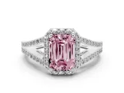 Emerald Cut Halo Engagement Ring Setting for a Fancy Pink Lab-Grown Diamond | V-Split Pavé Band | Sterling Silver
