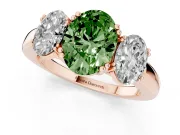 Fancy Green Oval Cut Diamond Three-Stone Ring Set in Rose gold with Polished Band and Prong Setting