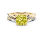 Fancy Yellow Cushion Cut Diamond Twist Band Solitaire Set in Yellow gold with Pavé Accents and Prong Setting