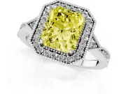 Fancy Yellow Radiant Cut Diamond Halo Engagement Ring Set in White gold with Milgrain Pavé Band