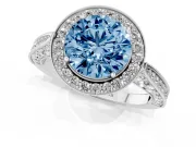 Round Vintage Milgrain Halo Engagement Ring Setting for a Fancy Blue Lab-Grown Diamond | Side Stones and Pave | Platinum