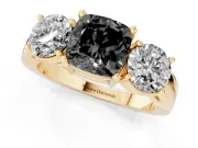 Cushion Cut Three Stone Engagement Ring Setting for a Black Center | Round Side Stones | Yellow Gold