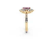 Fancy Pink Emerald Cut Diamond Floral Halo Ring Set in Yellow gold with Round Pavé Band and Prong Setting