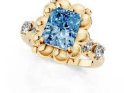 Fancy Blue Radiant Cut Diamond Floral Halo Ring Set in Yellow gold with Shared Prong Band