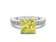 Fancy Yellow Princess Cut Diamond Solitaire Ring Set in Platinum with Slim Pavé Band and Prong Setting