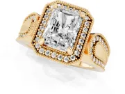 Radiant Cut Vintage Milgrain Halo Engagement Ring Setting | Open Loop Pave Shoulders | Yellow Gold