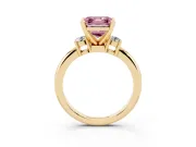 Fancy Pink Three-Stone Asscher Cut Diamond Ring Set in Yellow gold with Prong Setting and Plain Band