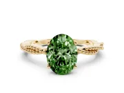 Fancy Green Oval Cut Diamond Solitaire Ring Set in Yellow gold with Twisted Band and Bead Prong Setting
