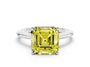 Fancy Yellow Asscher Cut Diamond Solitaire Ring Set in White gold with Prong Setting on a Plain Round Band