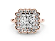 Princess Cut Scalloped Cluster Halo Engagement Ring Setting | Plain Band | Rose Gold