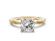 Cushion Cut Diamond Solitaire Ring Set in Yellow gold with Twisted Band and Bead Prong Setting