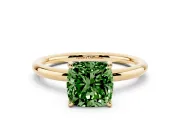 Fancy Green Cushion Cut Diamond Solitaire Ring Set in Yellow gold with Thin Band and Prong Setting