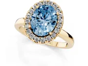 Fancy Blue Oval Cut Diamond Halo Solitaire Ring Set in Yellow gold with Pavé Band and Prong Setting