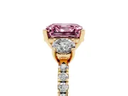 Asscher Cut Three Stone Engagement Ring Setting for a Fancy Pink Lab-Grown Diamond | Pave Shoulders | Yellow Gold