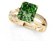 Fancy Green Radiant Cut Diamond Pavé Twist Band Solitaire Ring Set in Yellow gold with Prong Setting