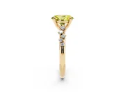 Fancy Yellow Oval Cut Diamond Solitaire Vine Band Ring Set in Yellow gold with Round Accents and Prong Setting