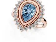 Fancy Blue Pear Cut Diamond Halo Ring Set in Rose gold with Milgrain Edge and Round Prong Setting