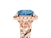Fancy Blue Radiant Cut Diamond Halo Ring Set in Rose gold with Scrollwork Band and Prong Setting
