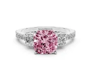 Fancy Pink Three-Stone Cushion Cut Diamond Pavé Band Ring Set in Silver with Prong Setting