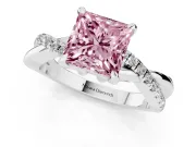 Fancy Pink Princess Cut Diamond Twist Band Solitaire Set in Silver with Pavé Accents and Prong Setting
