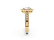 Oval Cut Diamond Halo Ring Set in Yellow gold with Round Accent Halo, Pavé Band and Prong Setting