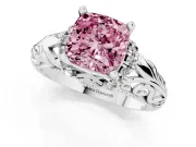 Fancy Pink Cushion Cut Diamond Filigree Halo Engagement Ring Set in White gold with Prong Setting