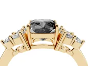 Fancy Black Cushion Cut Diamond Solitaire Ring Set in Yellow gold with Cluster Accents on Each Side