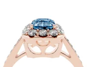 Fancy Blue Emerald Cut Diamond Floral Halo Ring Set in Rose gold with Pavé Band and Prong Setting