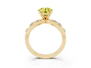 Fancy Yellow Round Cut Diamond Solitaire Ring Set in Yellow gold with Side Stones on Criss-Cross Band and Prong Setting