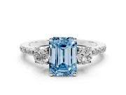 Emerald Cut Three Stone Engagement Ring Setting for a Fancy Blue Lab-Grown Diamond | Pave Shoulders | Platinum