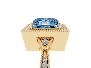 Fancy Blue Princess Cut Diamond Halo Engagement Ring Set in Yellow gold with Milgrain Pavé Band