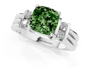 Fancy Green Three-Stone Cushion Cut Diamond Channel Set Ring Set in Platinum with Bar Prongs