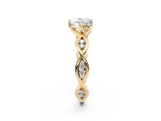 Heart Cut Diamond Twist Band Solitaire Ring Set in Yellow gold with Leaf Prong Setting and Accent Stones