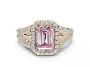 Emerald Cut Halo Pavé Engagement Ring Setting for a Fancy Pink Lab-Grown Diamond | Narrow Split Shank | Yellow Gold